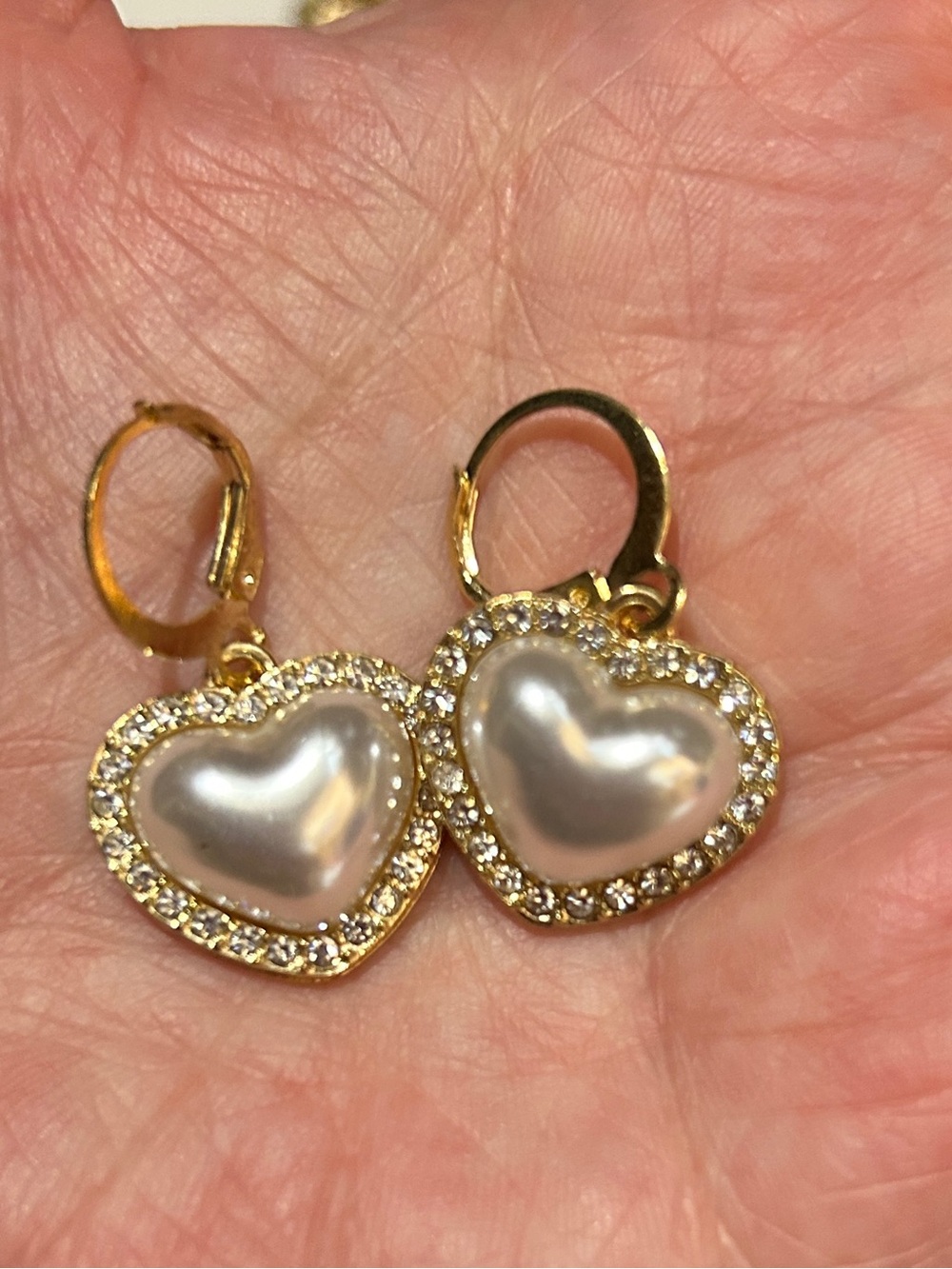 Gold Heart Drop Earrings with Pearl Center and Crystal Accent - White
